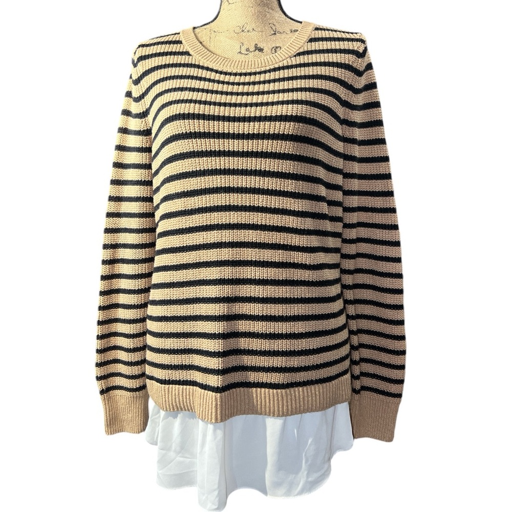 LOFT EUC cable knit tan and brown striped sweater. Size large